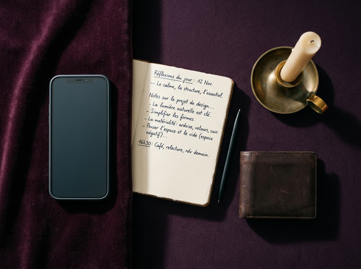 Combiné téléphonique posé près d'un carnet ouvert et de cartes face cachée sur lin crème, lumière chaude