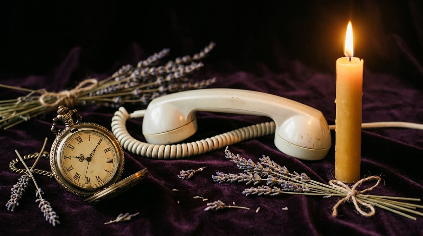 Combiné de téléphone ivoire, bougie dorée allumée et montre à gousset ouverte sur velours aubergine, lumière chaude tamisée