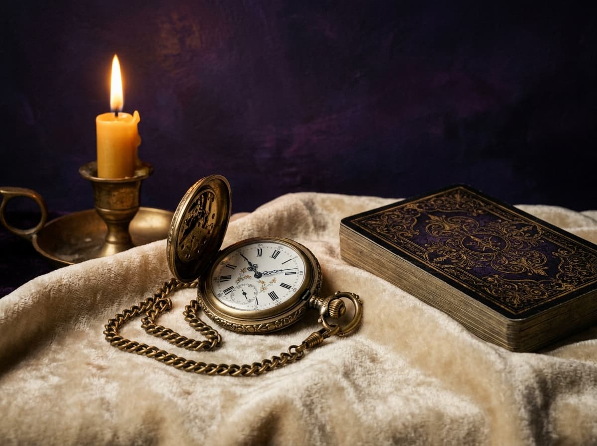 Montre à gousset ouverte sur velours crème, jeu de tarot face cachée, plume et note manuscrite, lumière de bougie dorée