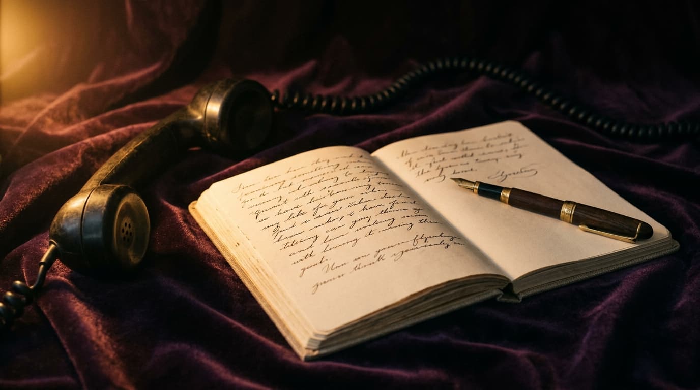 Carnet ouvert avec questions manuscrites, stylo plume et combiné de téléphone posés sur velours aubergine, lumière dorée latérale