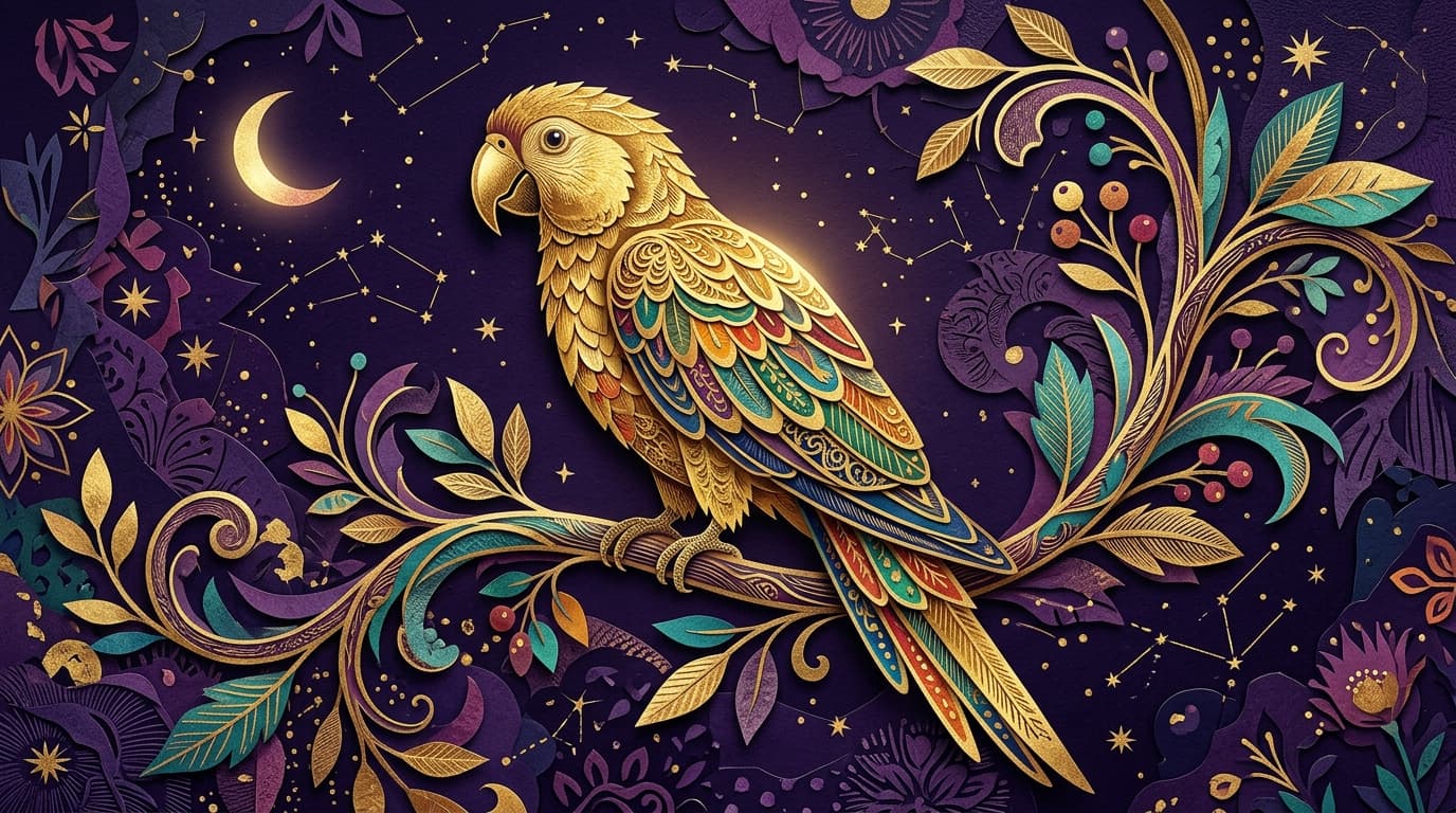 Perroquet stylisé en gravure dorée sur fond violet nuit