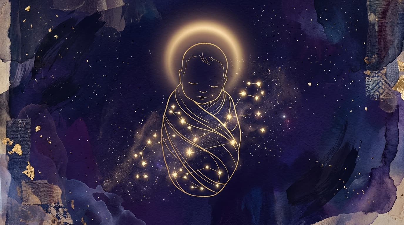 Collage éditorial doré : silhouette stylisée de bébé entourée d'étoiles sur fond violet nuit