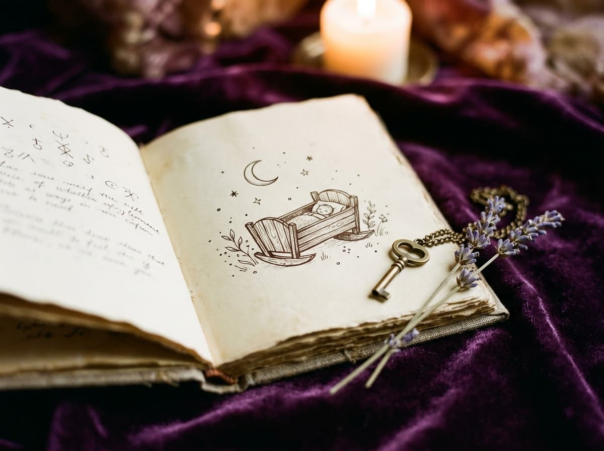 Carnet ouvert avec petit berceau et croissant de lune dessinés à l'encre, brin de lavande et clé en laiton