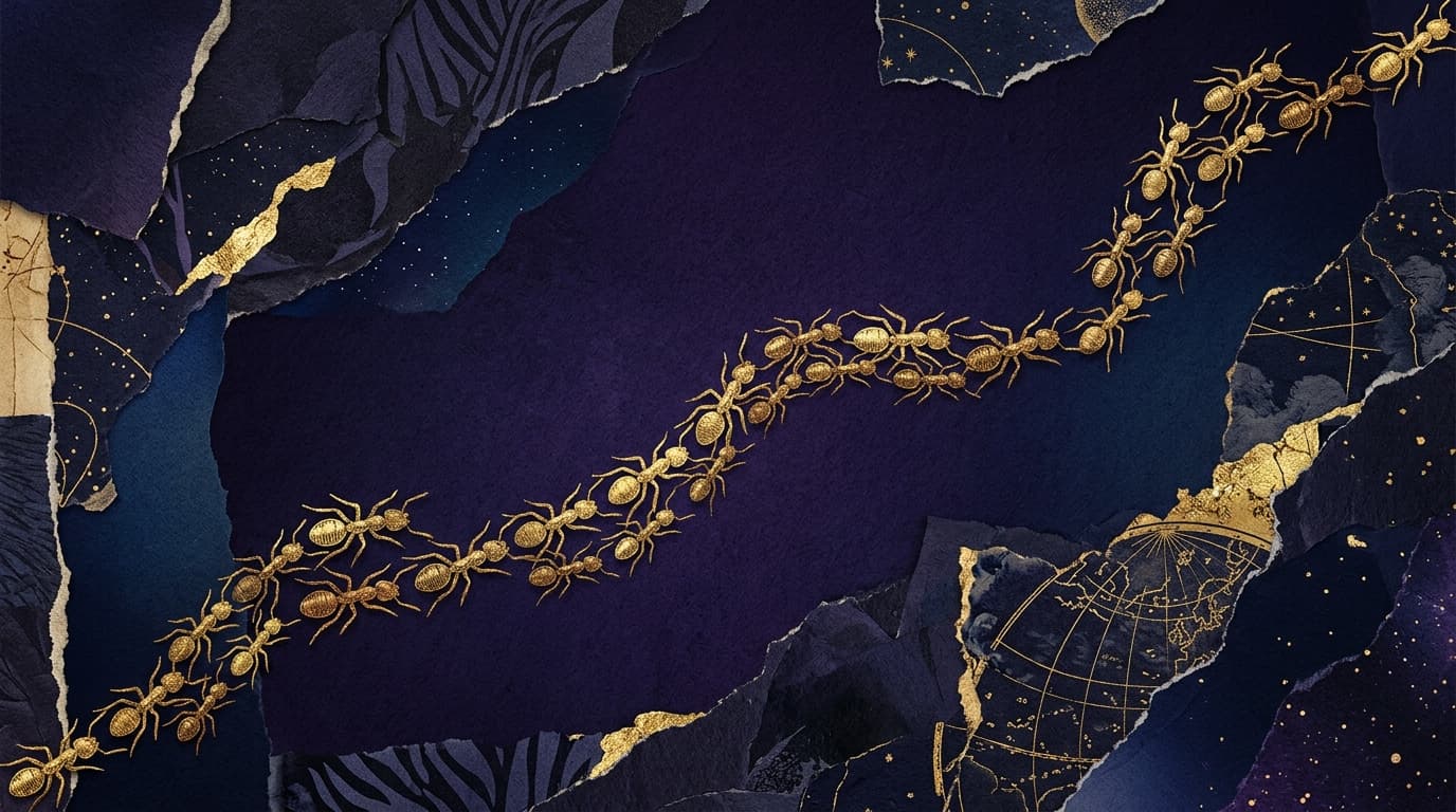 Collage éditorial doré : ligne de fourmis stylisées traversant un fond violet nuit