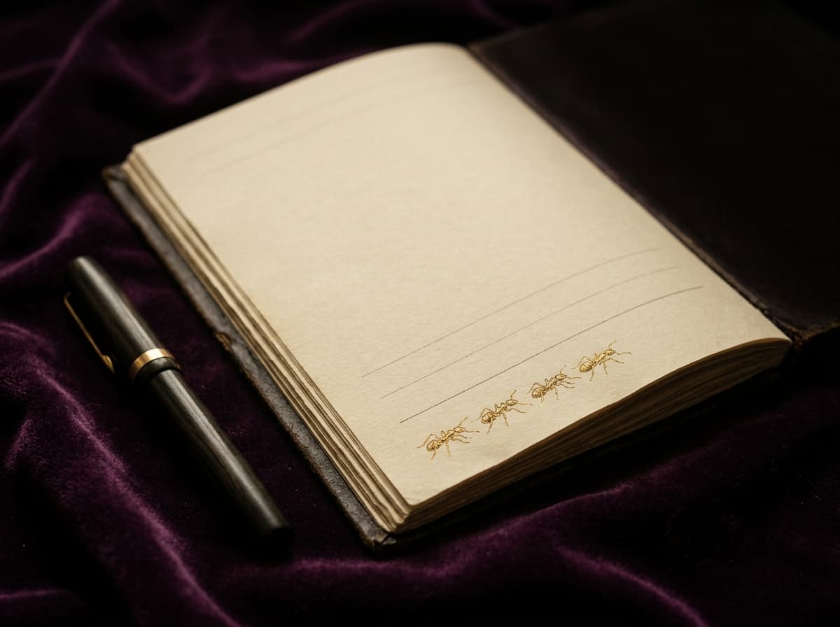 Carnet ouvert avec quelques fourmis dorées dessinées à la plume