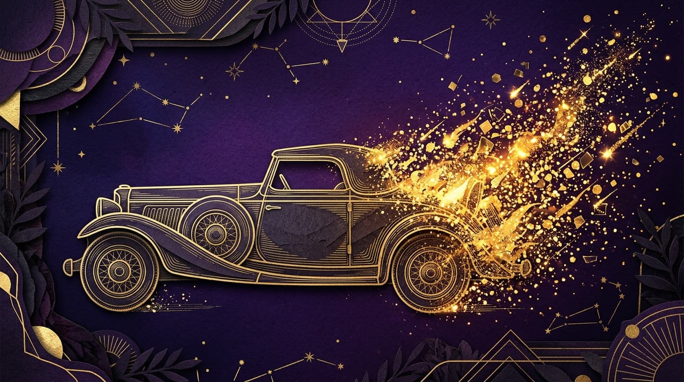 Collage éditorial : voiture vintage se dissolvant en particules dorées sur fond violet nuit