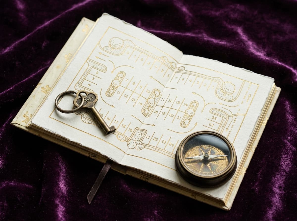 Carnet ouvert avec carte d'un parking dessinée à la plume dorée, petite clé de voiture et boussole en suspension