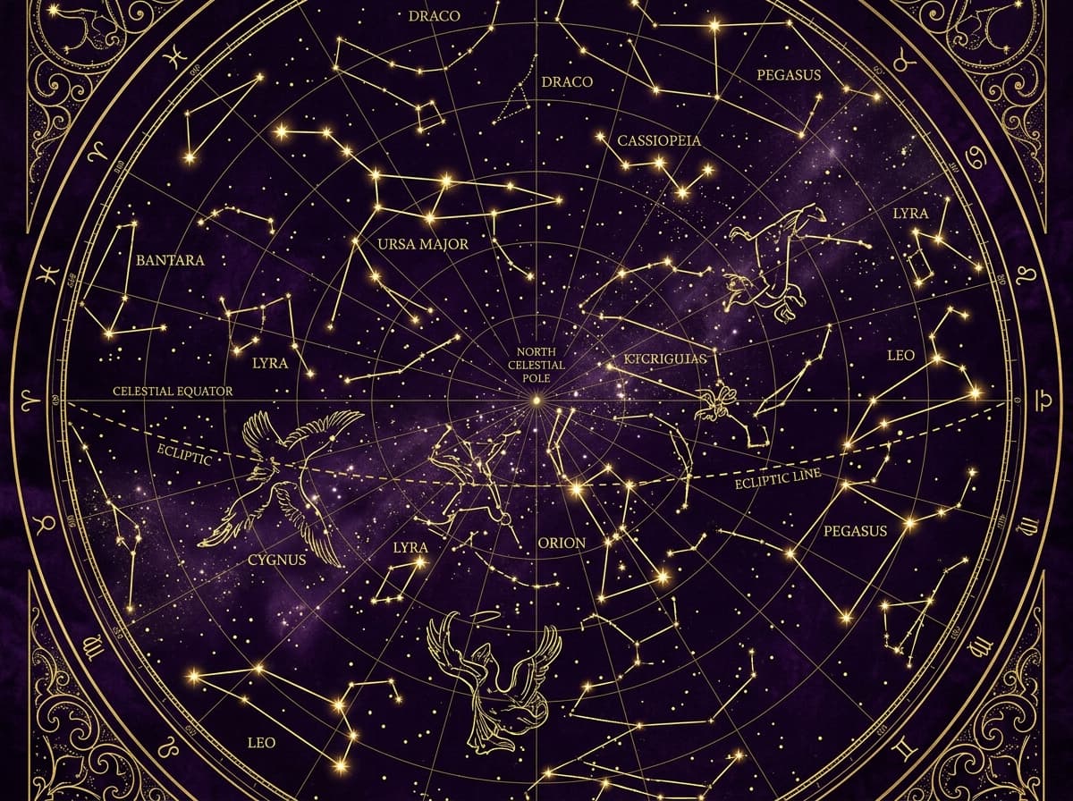 Carte des constellations sur fond violet, sept signes du zodiaque alignés