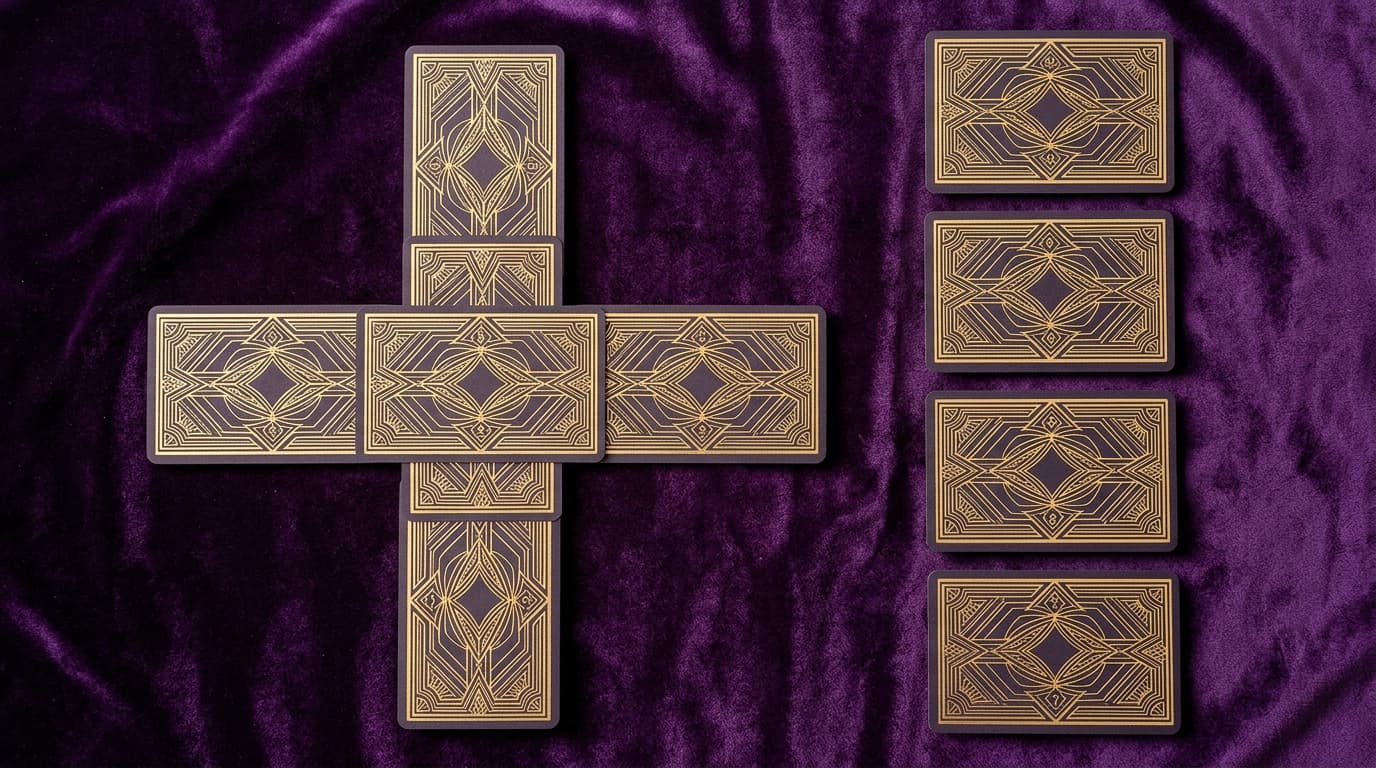 Disposition de la croix celtique sur velours violet, dix cartes faces cachées en croix centrale et colonne latérale