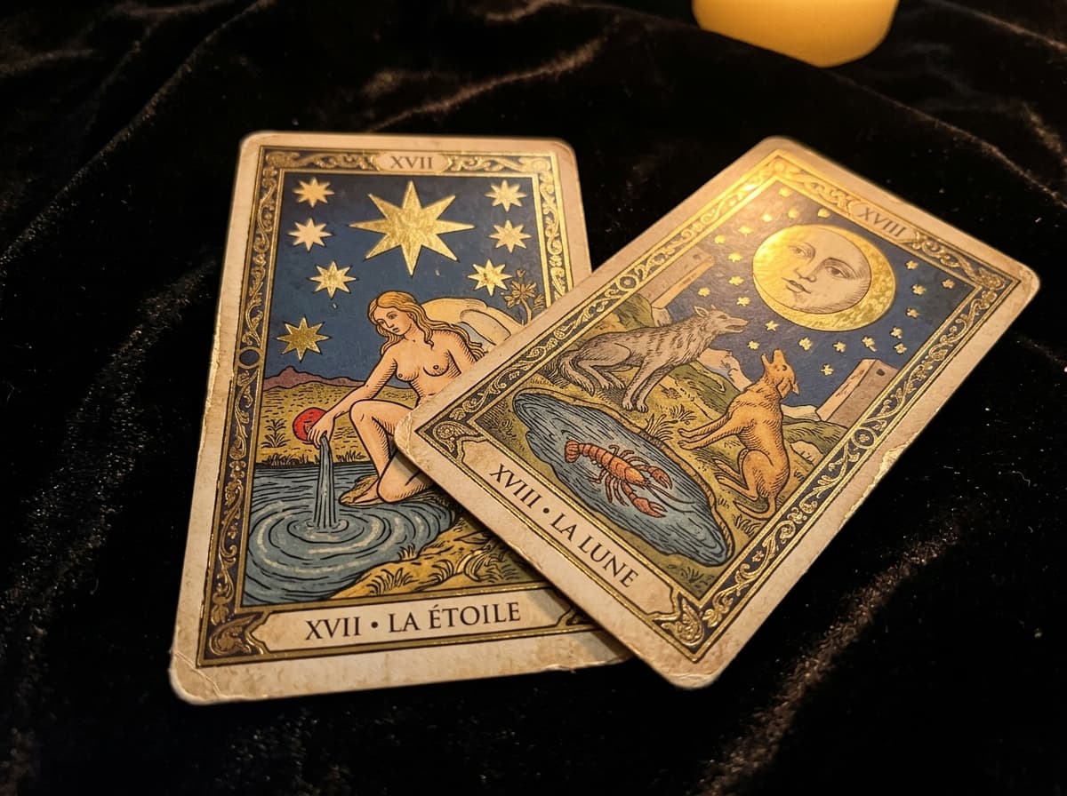 Deux cartes de tarot croisées en gros plan sur velours sombre, lumière dorée
