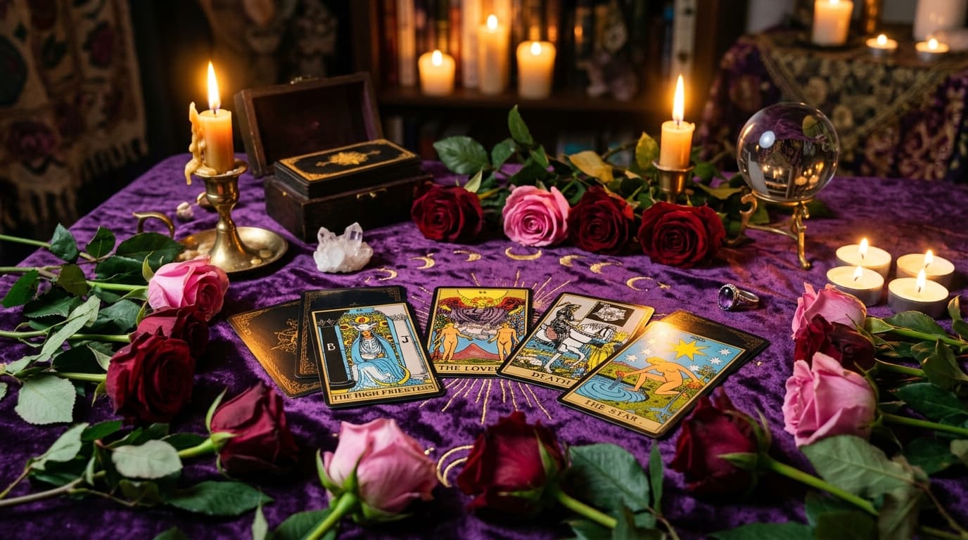 Cartes de tarot et roses sur velours violet, lumière dorée de bougie
