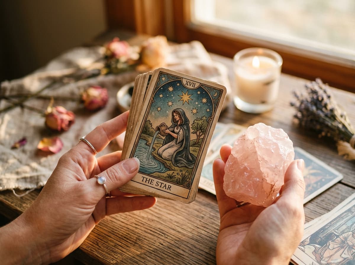 Main tenant une carte de tarot près d'un quartz rose, lumière chaude