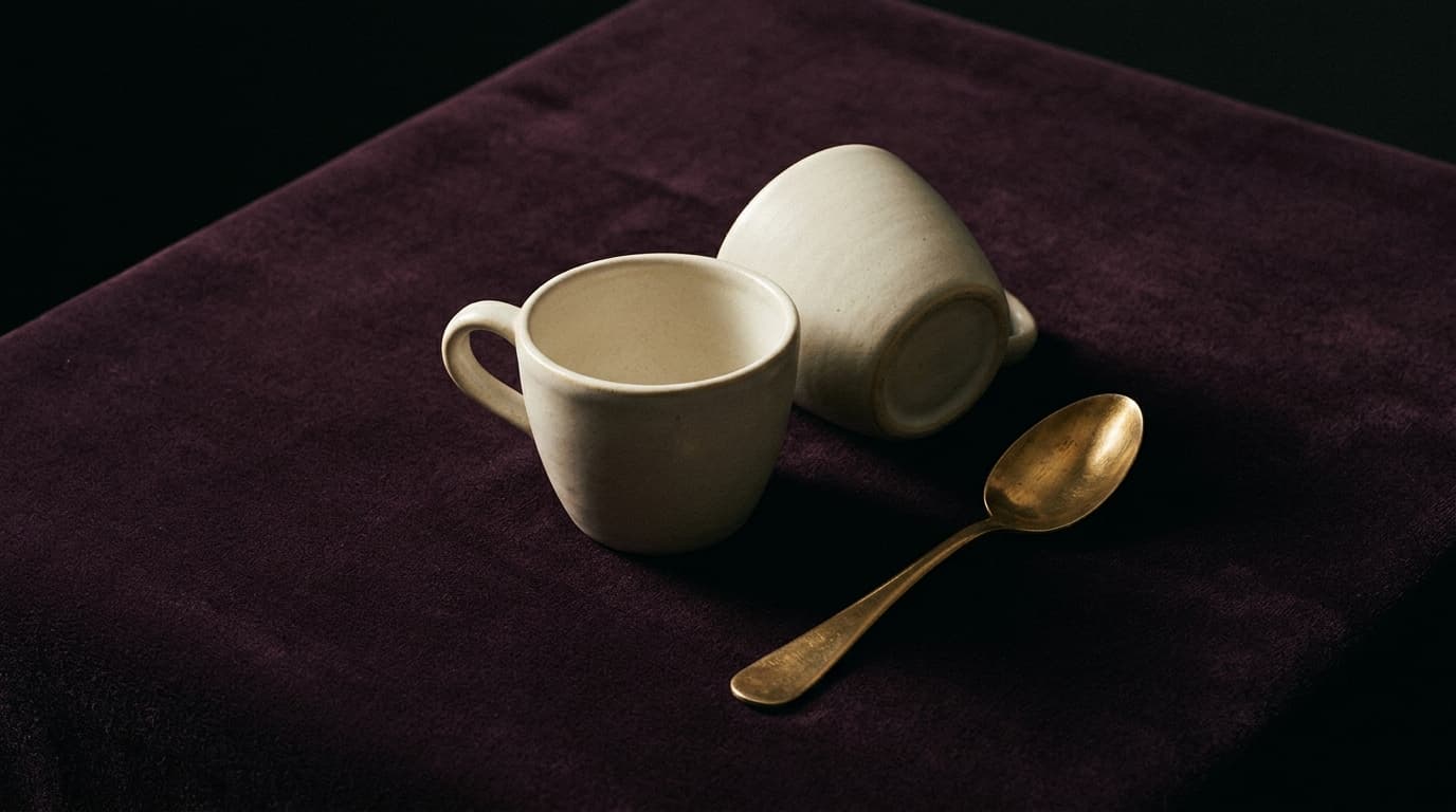 Deux tasses de café proches sur une surface sombre, lumière rasante