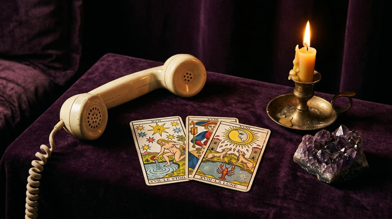 Combiné de téléphone ivoire, cartes de tarot de Marseille, bougie dorée et carte stylisée de la Belgique sur velours aubergine, lumière chaude éditoriale
