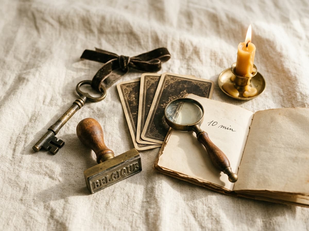 Clé en laiton, timbre Belgique, trois cartes de tarot face cachée, carnet ouvert avec note manuscrite 10 min et bougie dorée, lumière chaude latérale