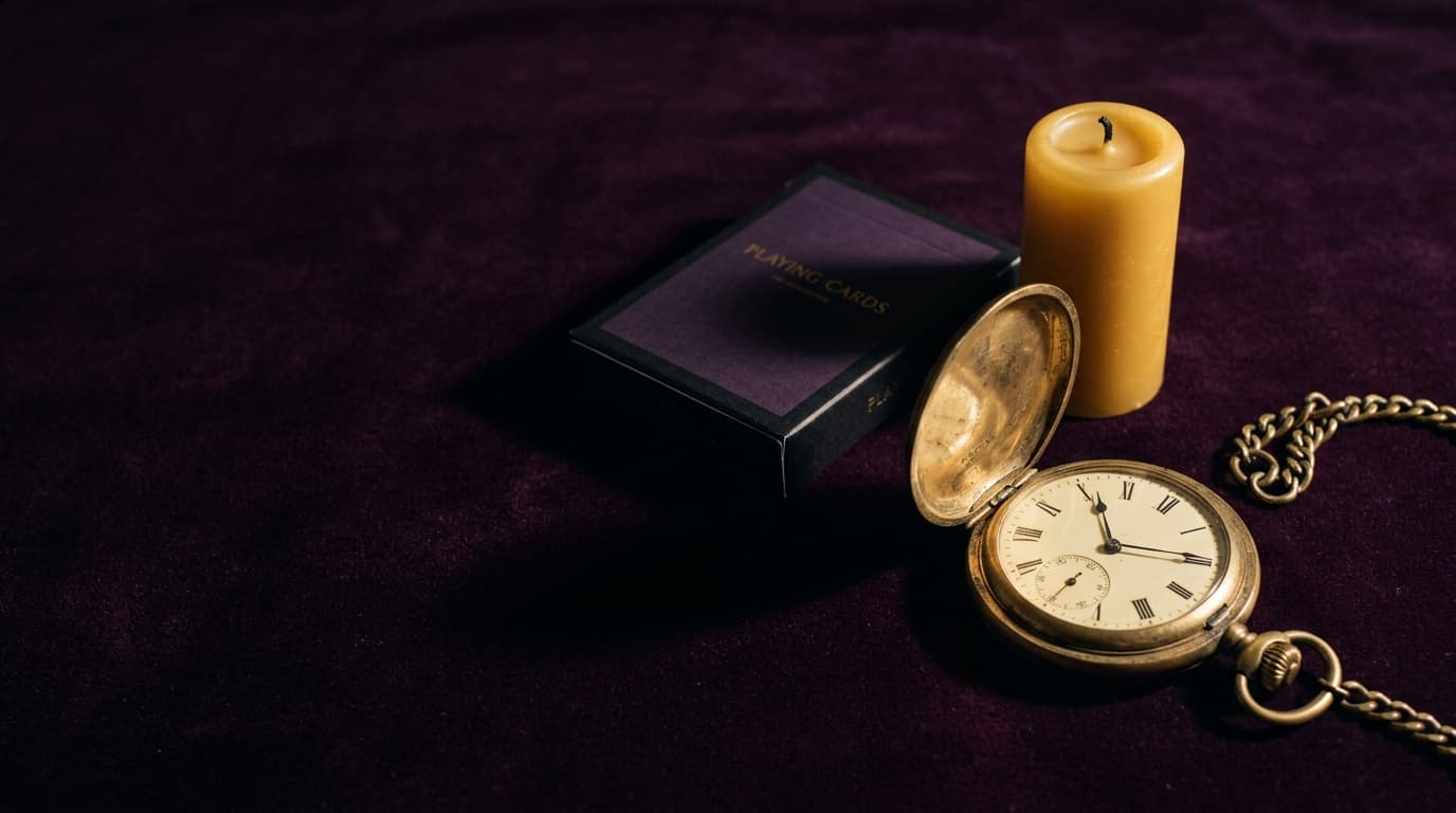 Montre à gousset en laiton ouverte sur l'heure tardive, jeu de cartes fermé et bougie dorée éteinte sur velours aubergine, ambiance éditoriale sobre