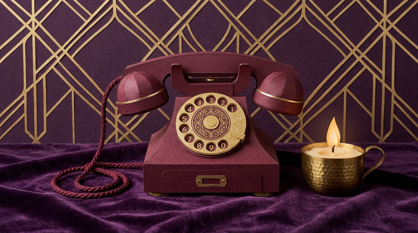 Téléphone vintage bordeaux et bougie allumée sur velours violet, ambiance éditoriale dorée