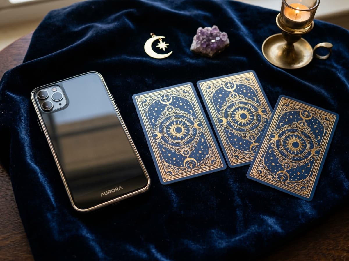 Smartphone moderne posé près de trois cartes de tarot face cachée sur velours sombre