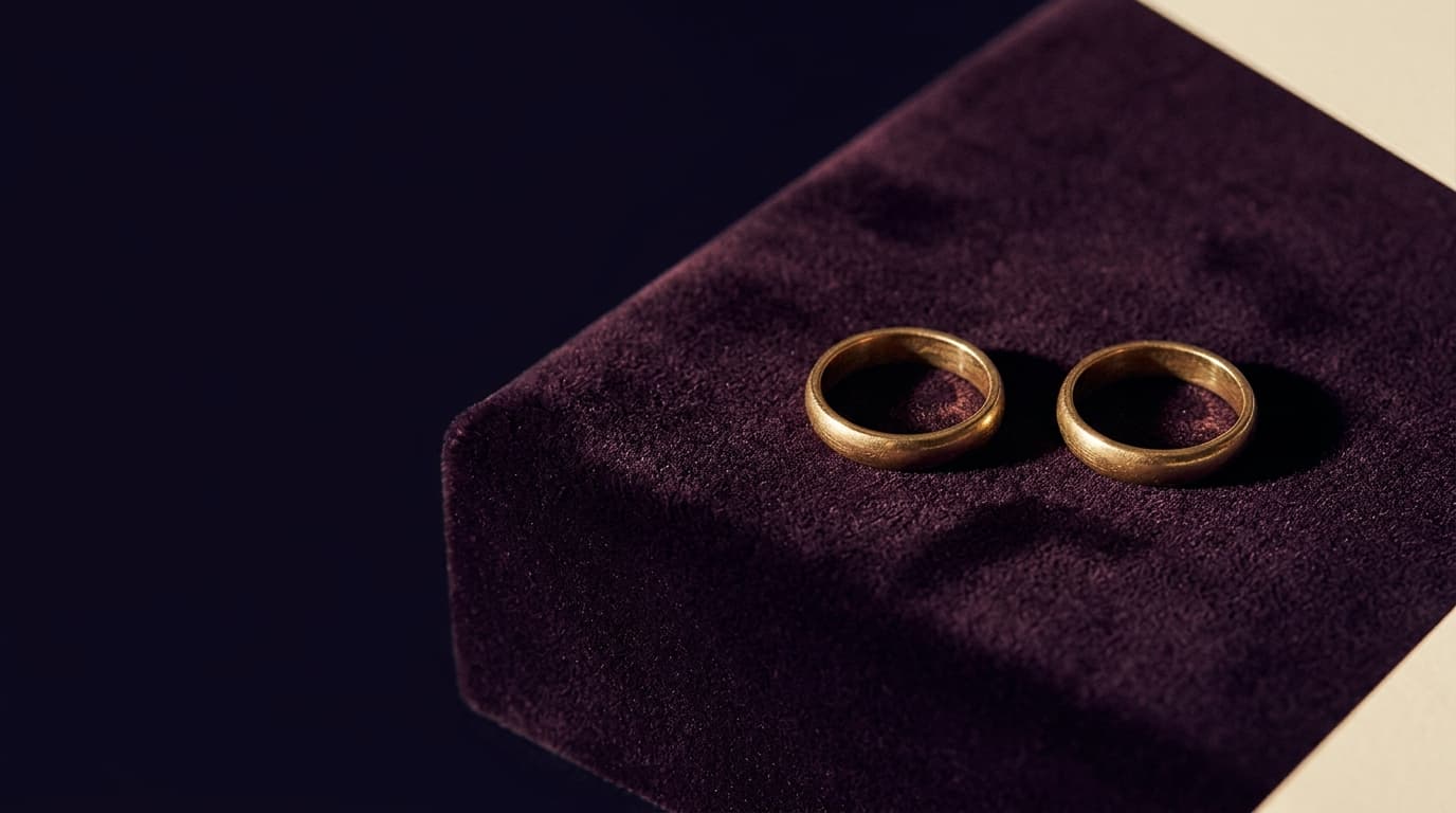 Deux anneaux d’or usés posés côte à côte sur un velours sombre, lumière rasante, évoquant l’avenir d’un couple