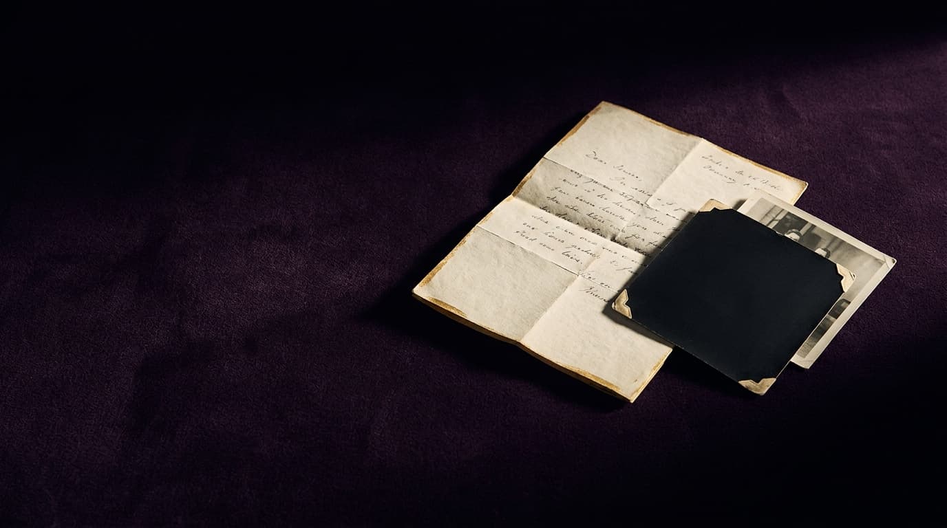 Une lettre manuscrite pliée et une photo retournée posées sur un velours aubergine sombre, lumière rasante