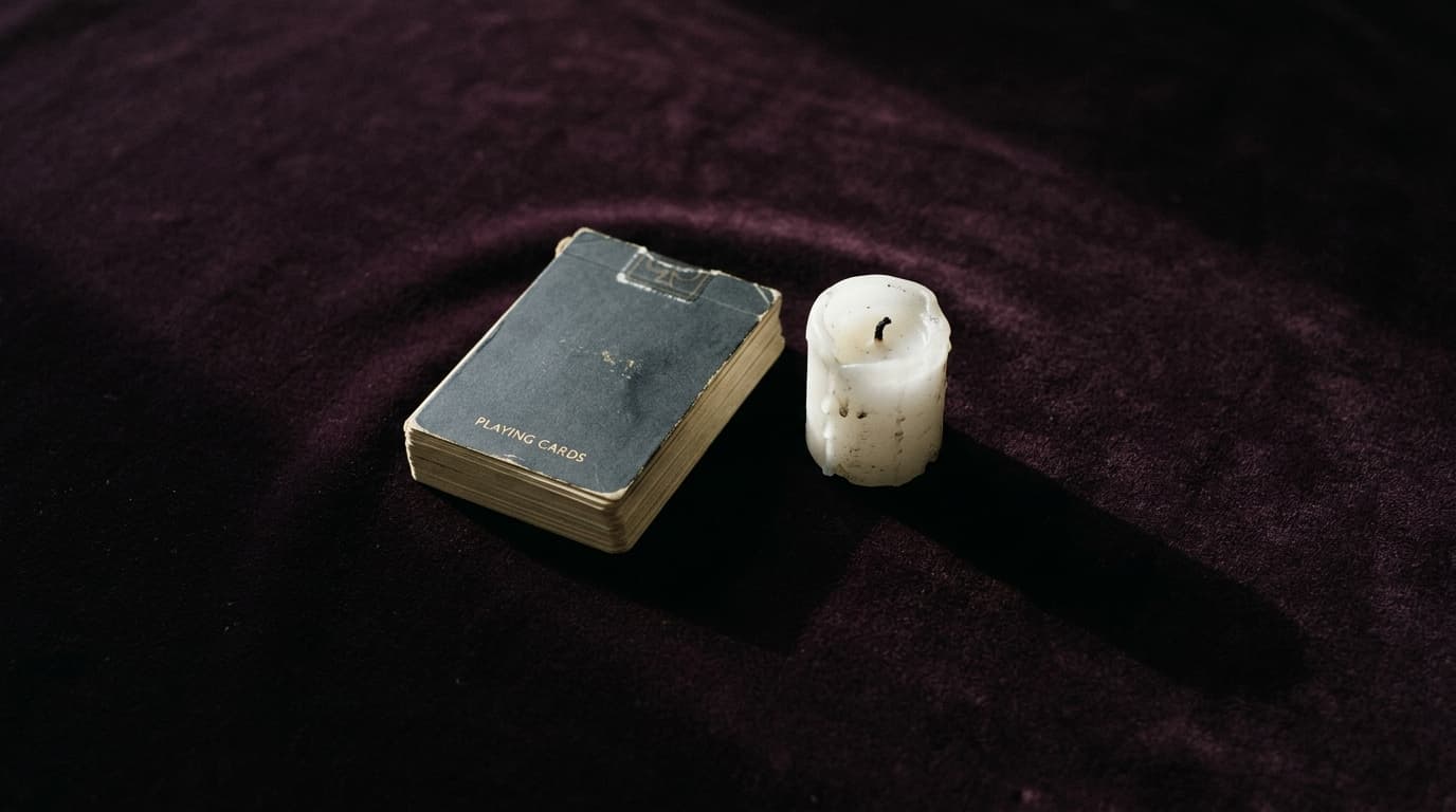 Jeu de cartes fermé et bougie éteinte sur velours prune sombre, lumière rasante dorée