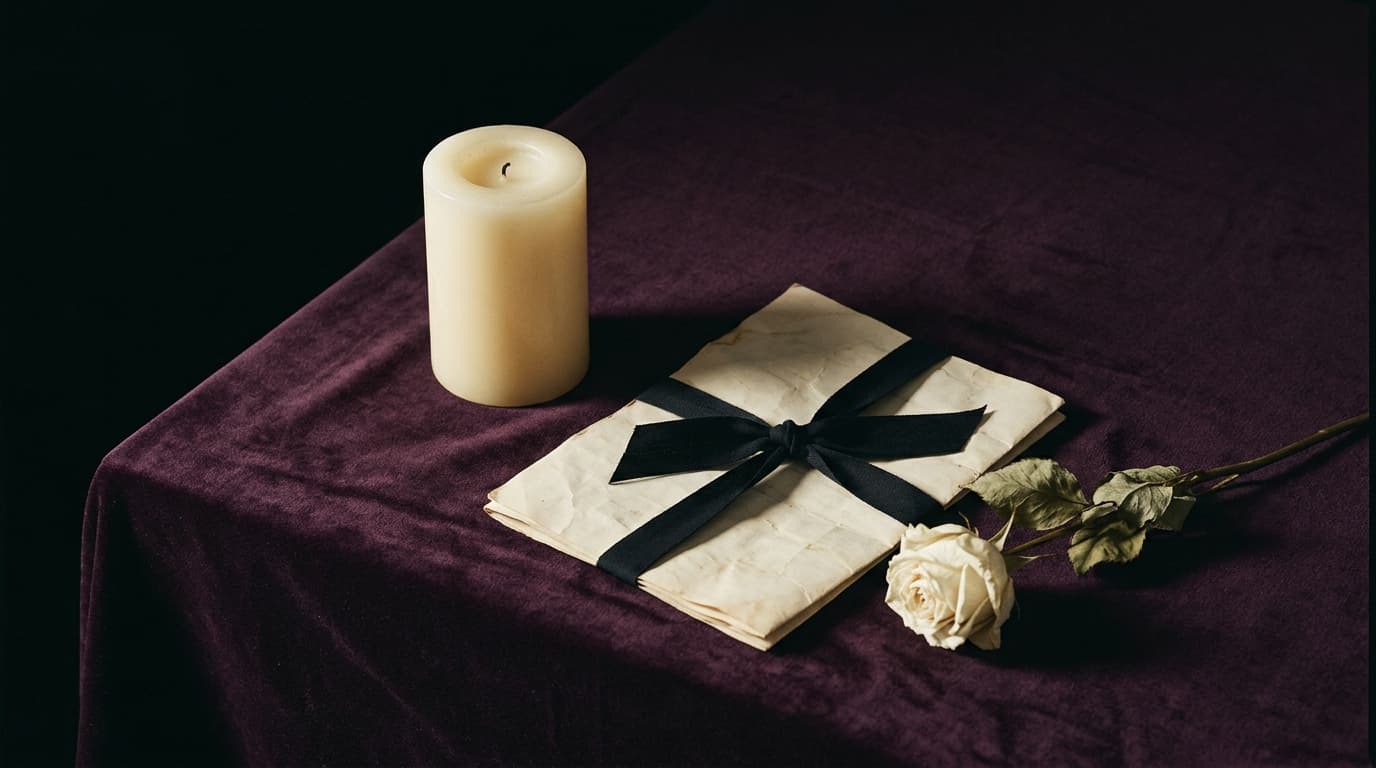 Bougie éteinte et lettre ancienne sur velours prune sombre, lumière rasante dorée