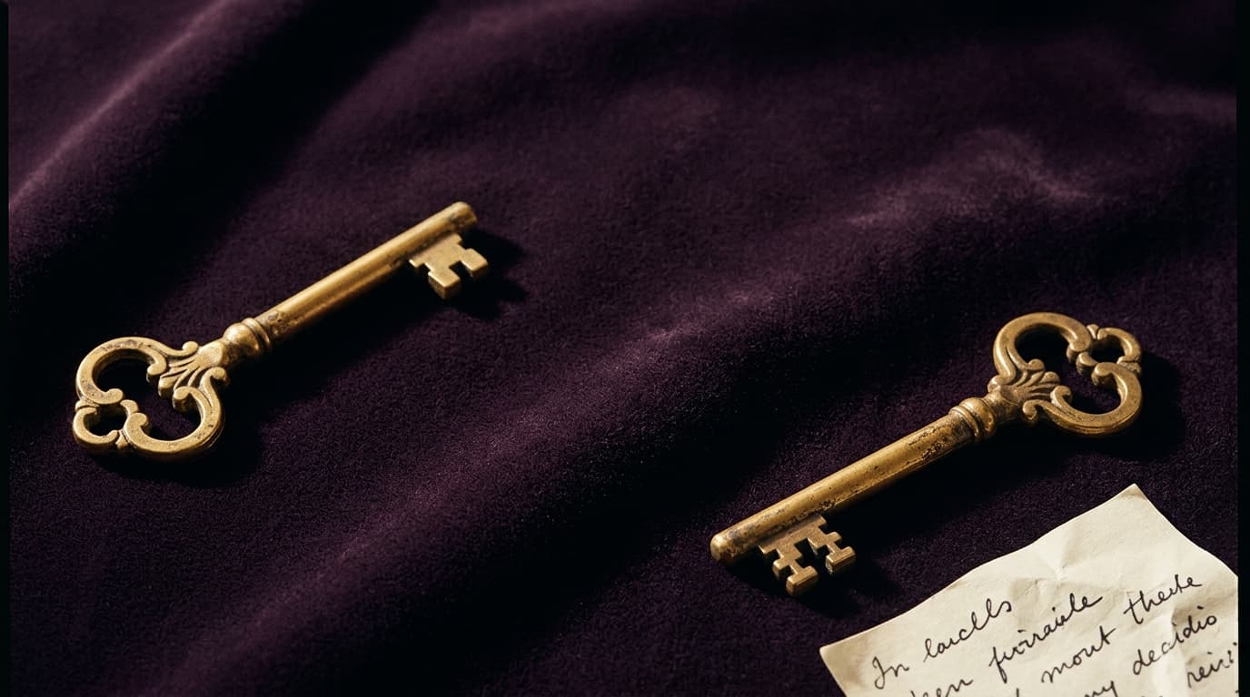 Deux clés anciennes posées sur un velours sombre, l’une tournée vers la porte, l’autre vers l’intérieur