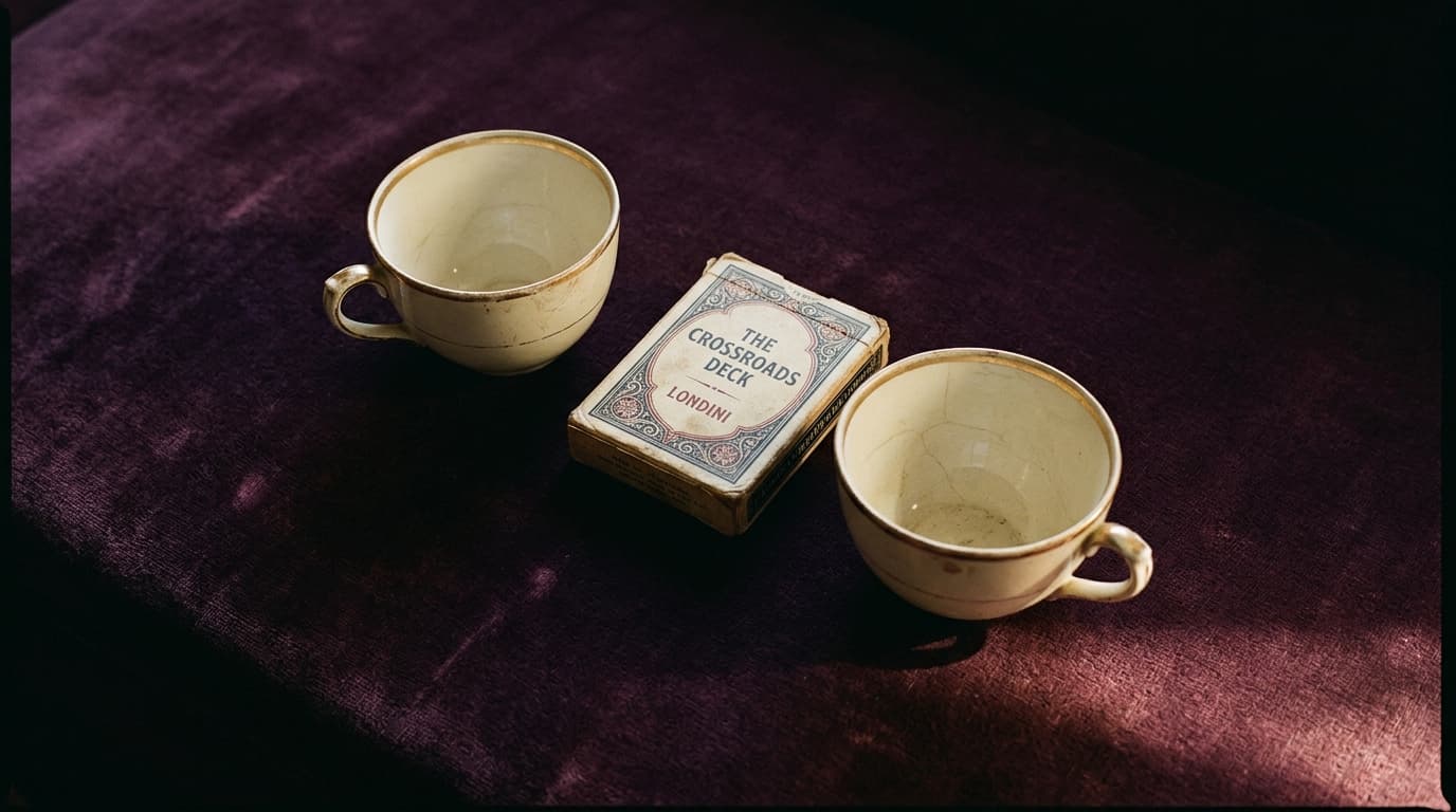 Deux tasses anciennes posées sur un velours sombre, l’une légèrement tournée, évoquant une hésitation à deux