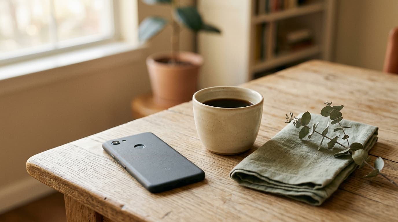 Téléphone posé face cachée sur une table en bois clair, tasse de café froid, lumière douce de fin de journée