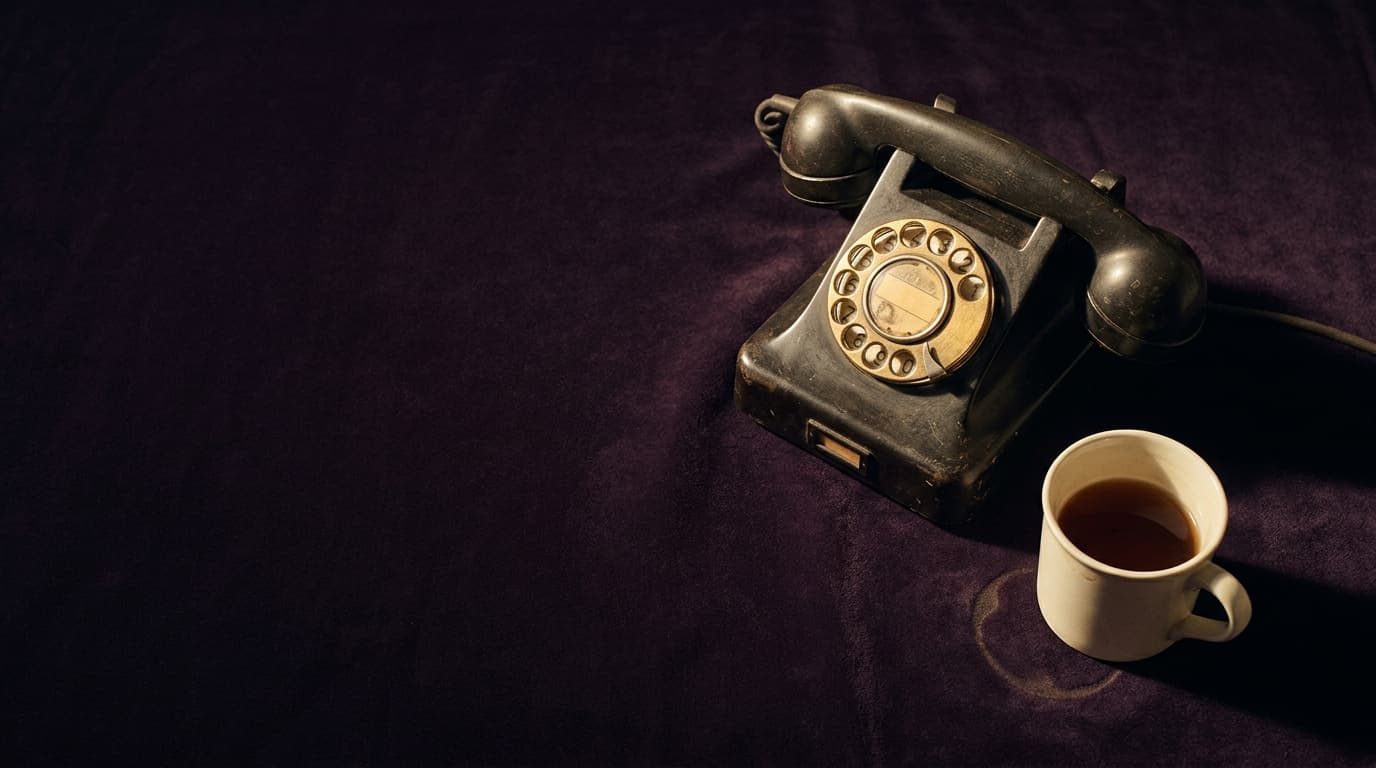 Un téléphone ancien posé sur un velours sombre près d’une tasse refroidie, évoquant une attente silencieuse
