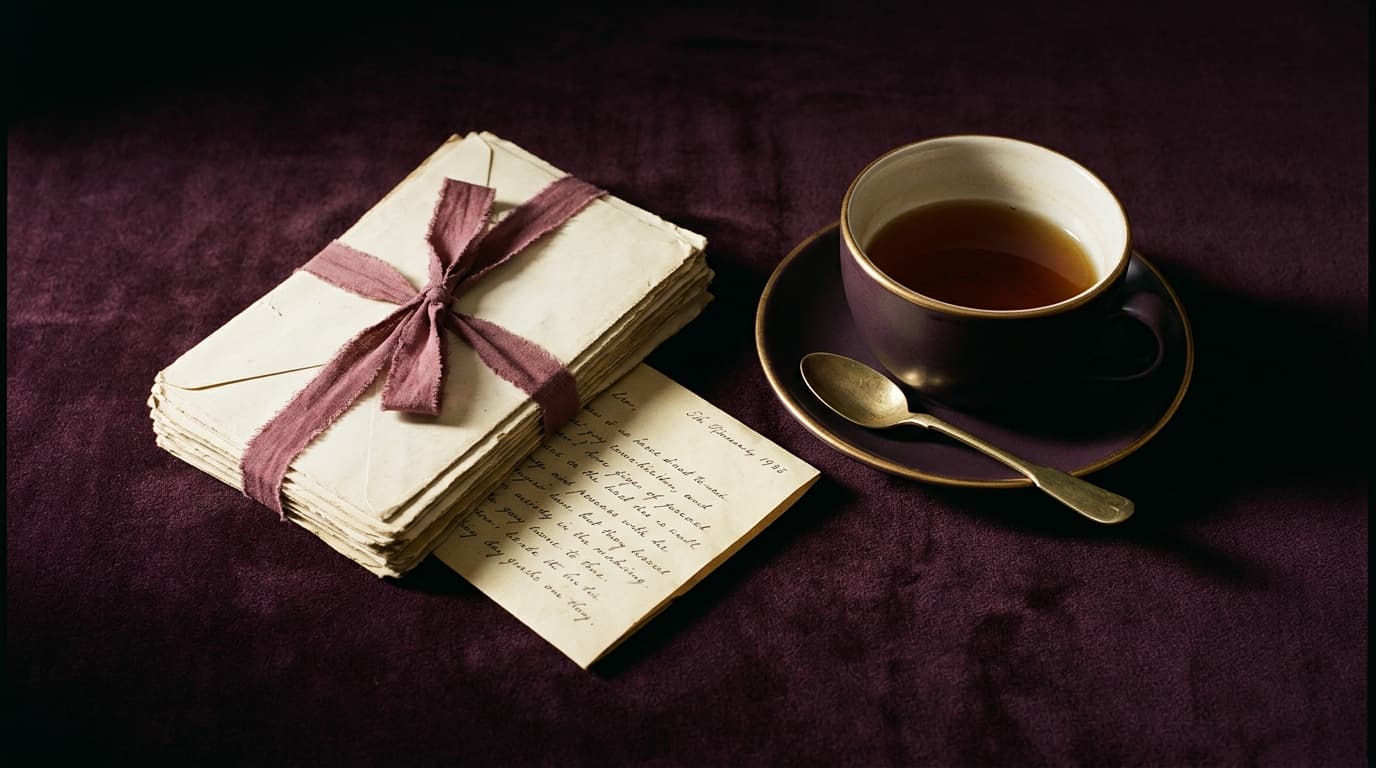 Un paquet de lettres anciennes noué d’un ruban élimé, une lettre glissée hors de la pile, près d’une tasse de thé froide sur un velours prune sombre