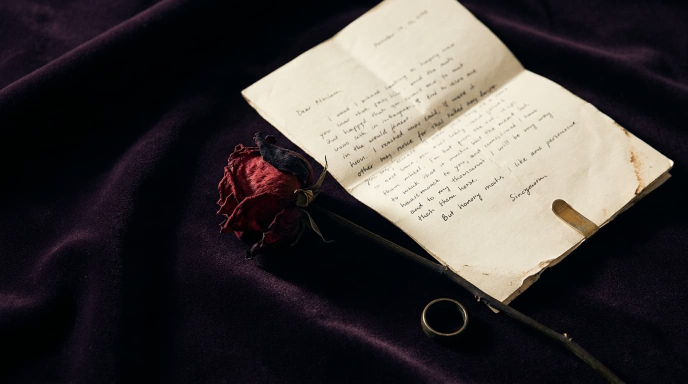 Une rose séchée posée près d’un mot plié sur un velours sombre, évoquant un doute amoureux