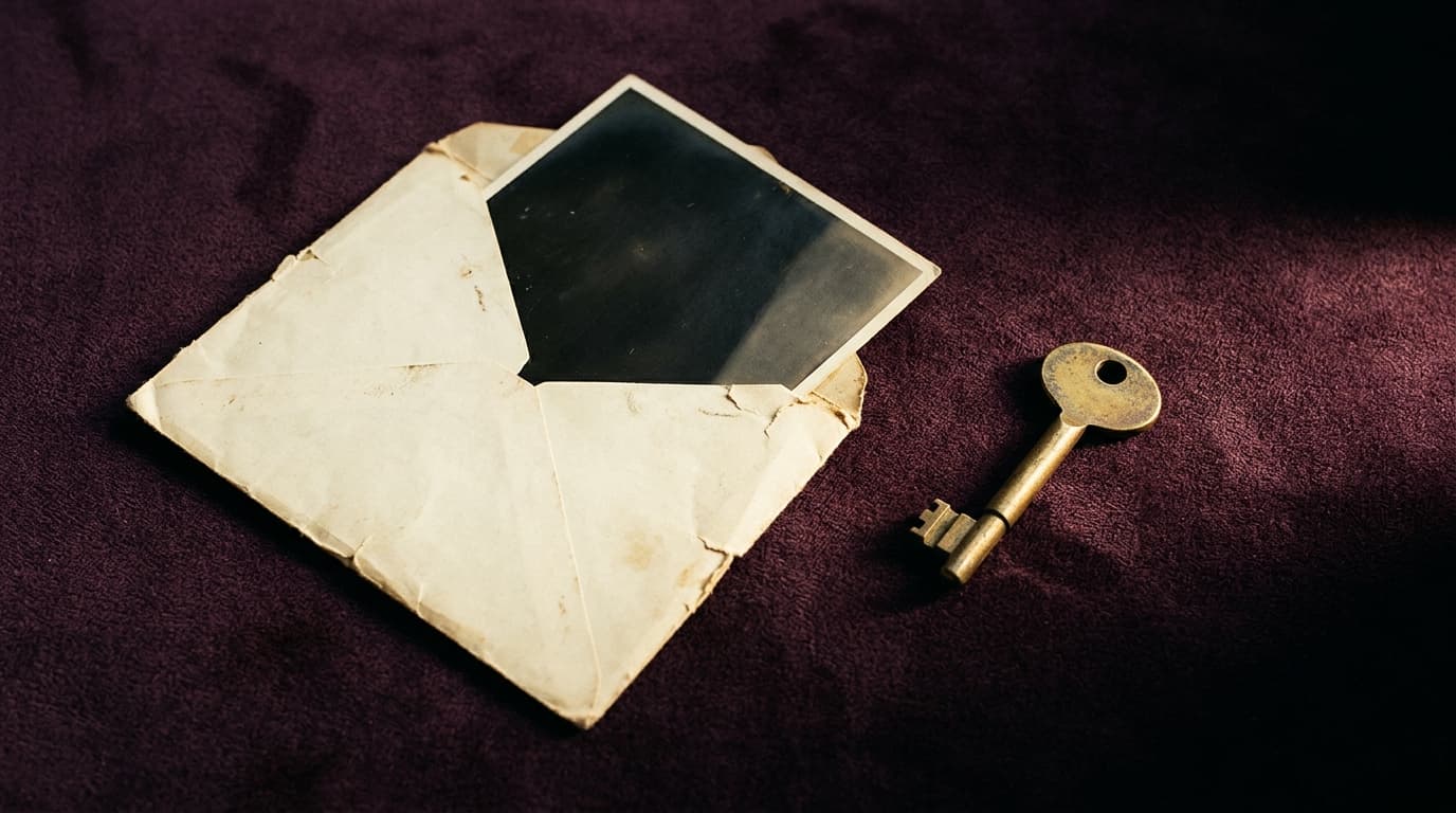 Une photographie retournée à demi sortie d’une enveloppe en papier crème, près d’une petite clé en laiton, posées sur un velours prune sombre