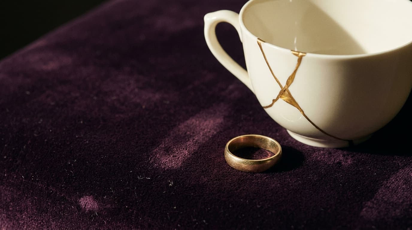 Une tasse de porcelaine fêlée réparée à l’or, posée sur un velours prune à côté d’une alliance usée
