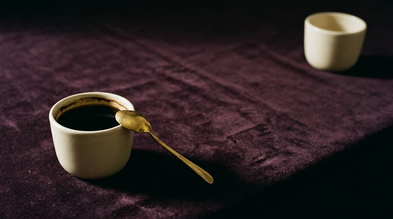 Deux tasses de café en céramique crème posées loin l'une de l'autre sur un velours prune, lumière rasante dorée