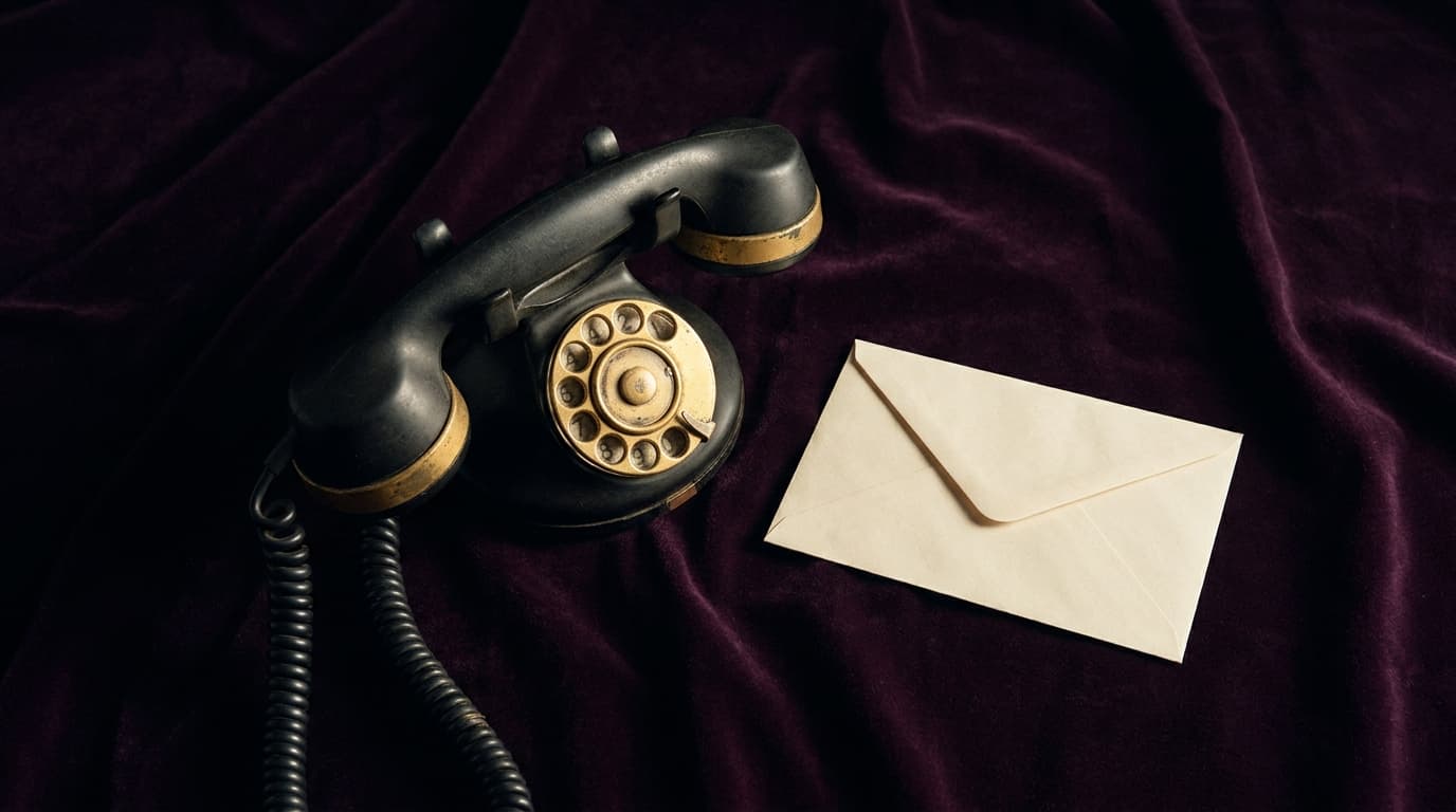 Un téléphone ancien et une enveloppe close posés sur un velours sombre, évoquant une réponse qui ne vient pas