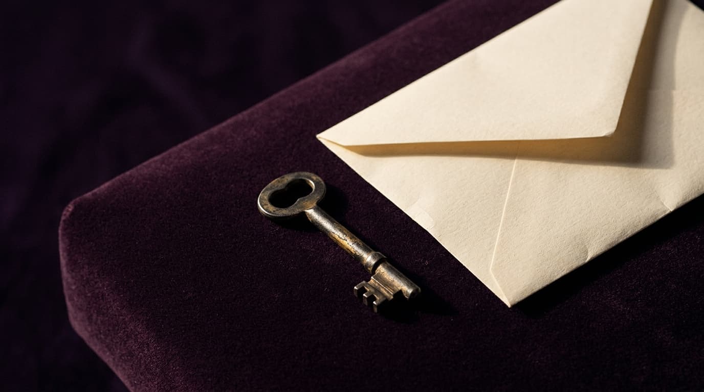 Une clé ancienne et une lettre fermée posées sur un velours sombre, évoquant une réponse attendue