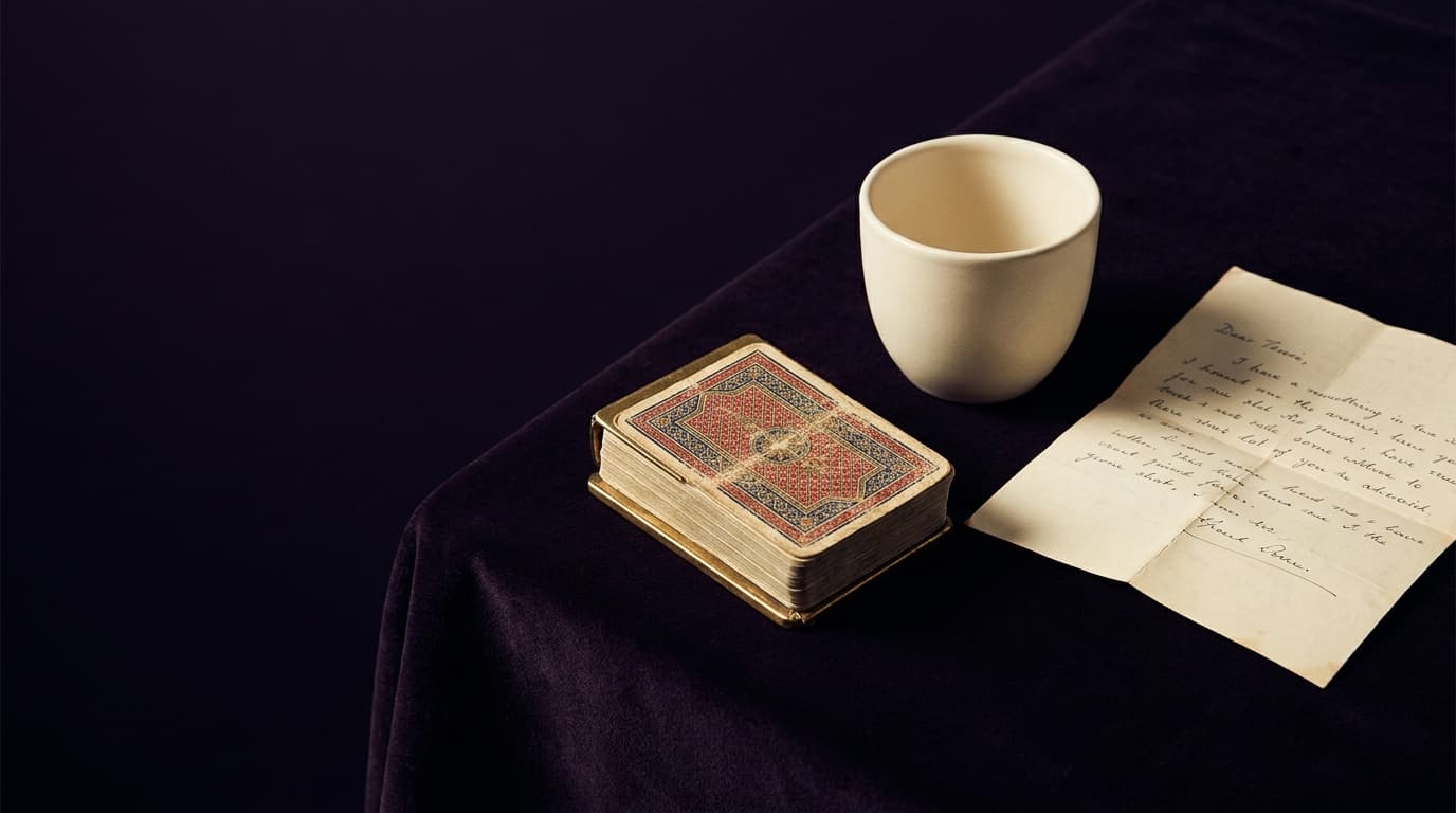 Un jeu de cartes fermé près d’une tasse vide et d’un mot plié sur un velours sombre, évoquant une attente amoureuse