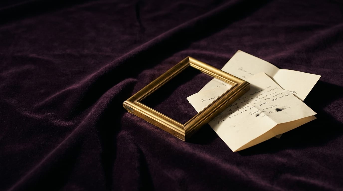 Une lettre manuscrite pliée jamais envoyée près d’un petit cadre en laiton vide, posées sur un velours prune sombre