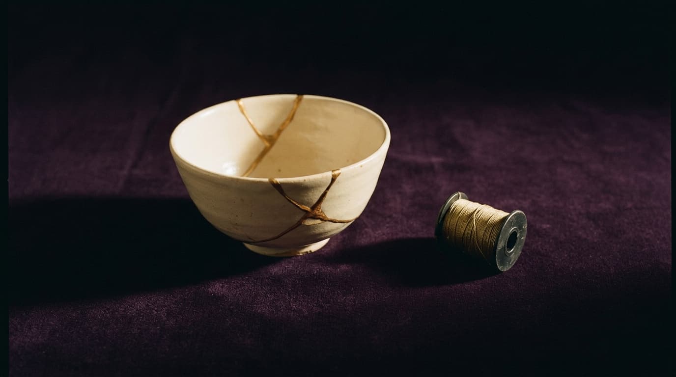 Un bol en céramique crème réparé de fines veines d’or à la manière du kintsugi, posé près d’une bobine de fil doré sur un velours prune sombre