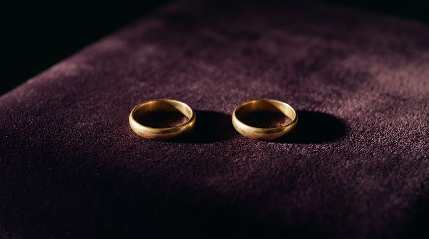 Deux anneaux d’or anciens posés côte à côte mais séparés sur un velours sombre, évoquant deux êtres reliés et éloignés