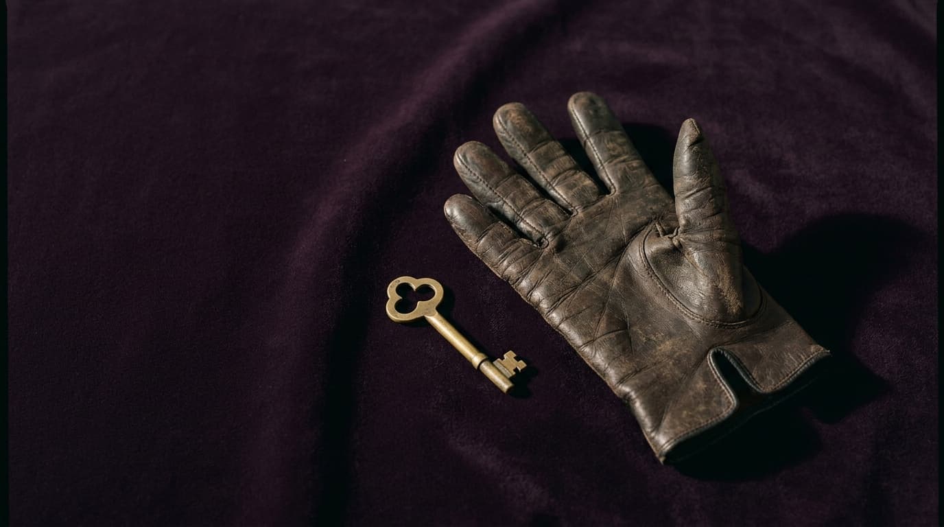 Un gant de cuir usé abandonné sur un velours prune, à côté d’une clé ancienne en laiton