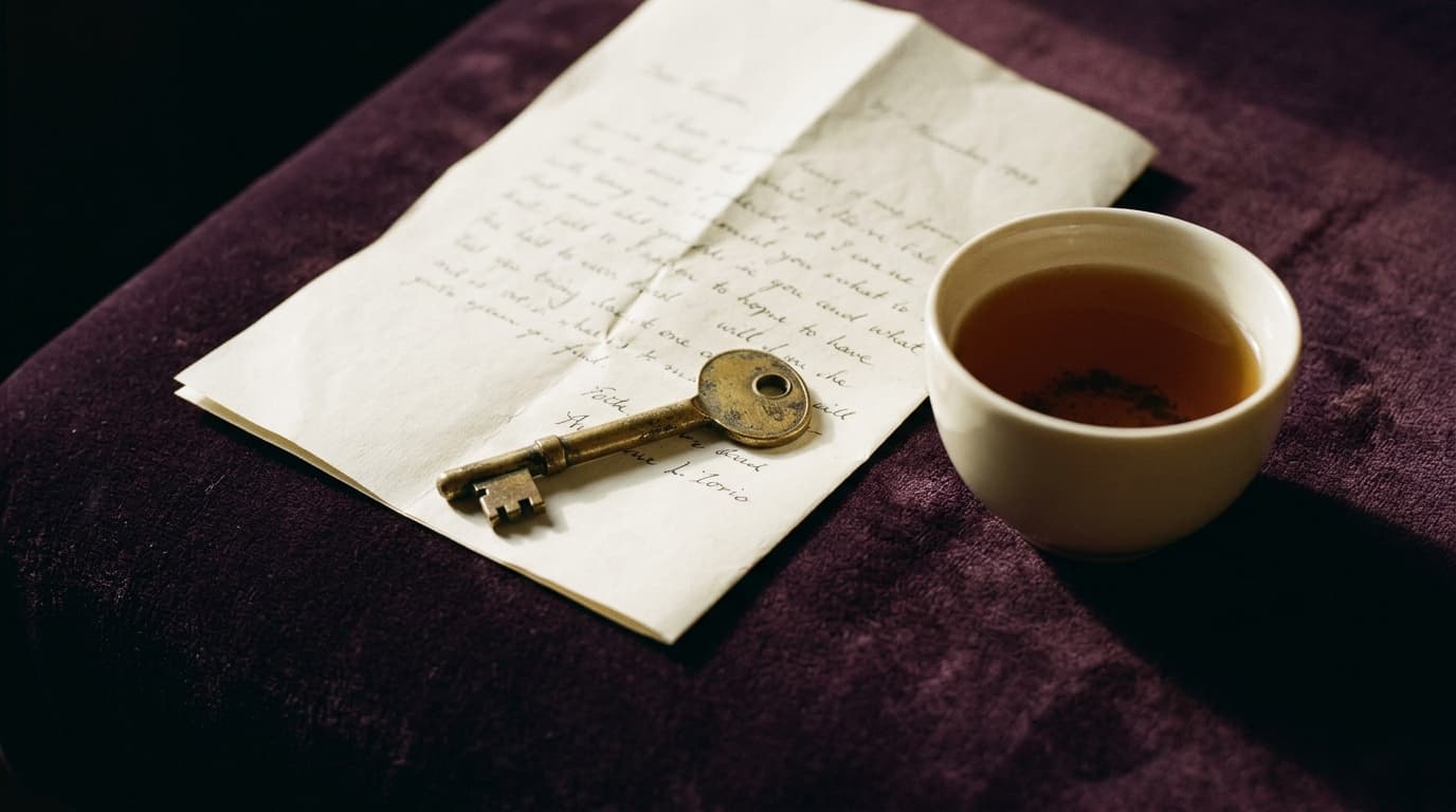 Une vieille clé en laiton posée sur une lettre manuscrite pliée, près d’une tasse de thé refroidi sur un velours prune
