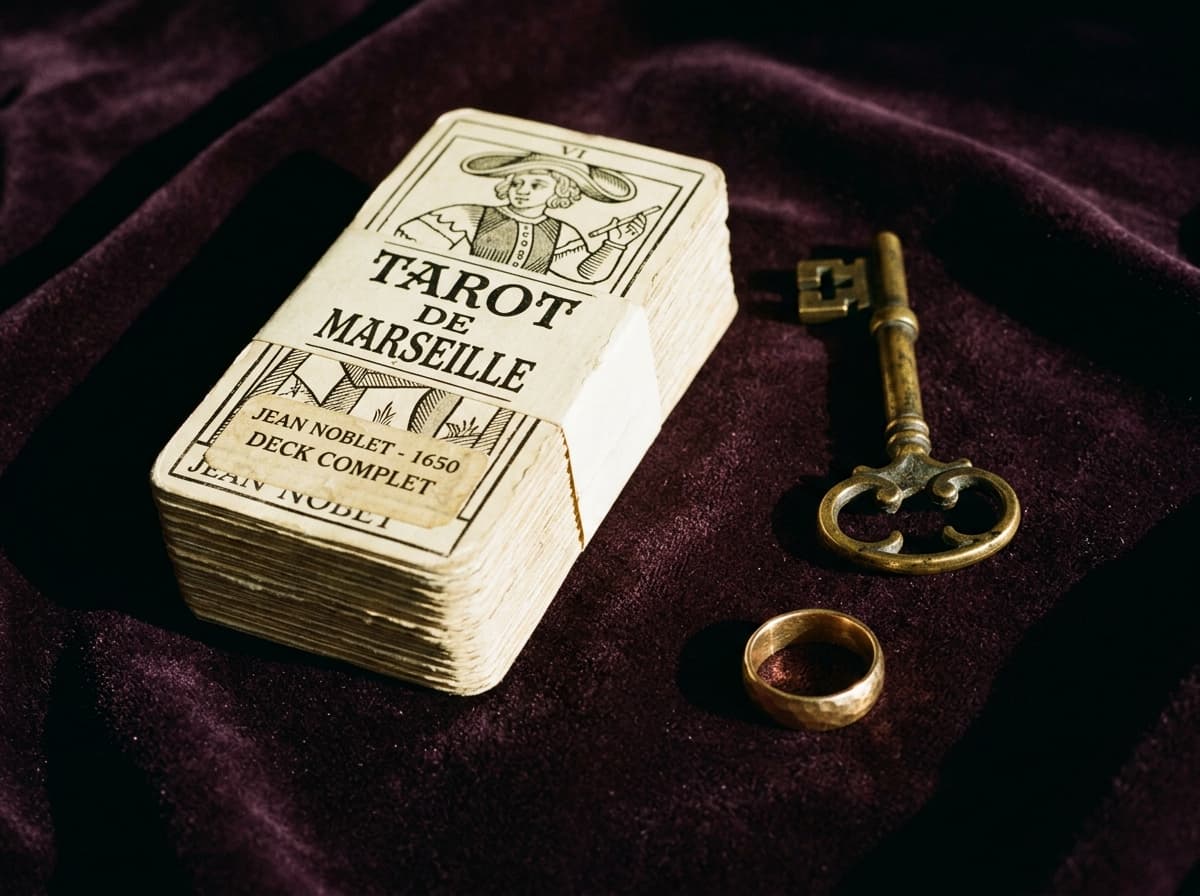 Composition sobre de cartes de tarot sur surface sombre, lumière latérale, esthétique éditoriale magazine